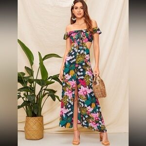 Women’s Floral Maxi Dress Medium Tropical Pink Flowers Open sides Off shoulder